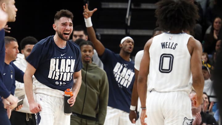 Feb 2, 2026; Memphis, Tennessee, USA; Memphis Grizzlies guard Ty Jerome (2) reacts with forward Jaylen Wells (0) after a basket during the fourth quarter against the Minnesota Timberwolves at FedExForum. Mandatory Credit: Petre Thomas-Imagn Images Feb 2, 2026; Memphis, Tennessee, USA; Memphis Grizzlies guard Ty Jerome (2) reacts with forward Jaylen Wells (0) after a basket during the fourth quarter against the Minnesota Timberwolves at FedExForum. Mandatory Credit: Petre Thomas-Imagn Images