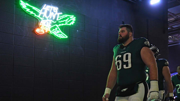 Philadelphia Eagles guard Landon Dickerson prepares for the Washington Commanders in the NFC Championship game