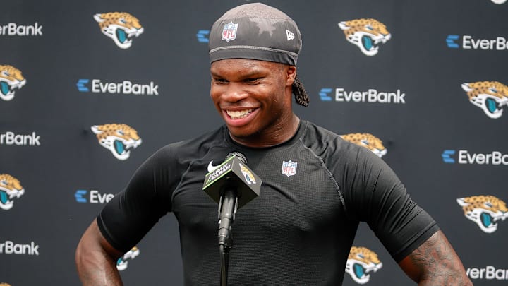 May 10, 2025; Jacksonville, FL, USA; Jacksonville Jaguars wide receiver Travis Hunter (12) meets with the media following rookie minicamp at Miller Electric Center. Mandatory Credit: Travis Register-Imagn Images May 10, 2025; Jacksonville, FL, USA; Jacksonville Jaguars wide receiver Travis Hunter (12) meets with the media following rookie minicamp at Miller Electric Center. Mandatory Credit: Travis Register-Imagn Images