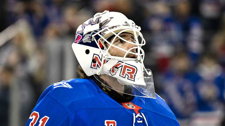 Mar 22, 2026; New York, New York, USA; New York Rangers goaltender Igor Shesterkin (31) warms up before a game against the Winnipeg Jets at Madison Square Garden. Mandatory Credit: John Jones-Imagn Images
