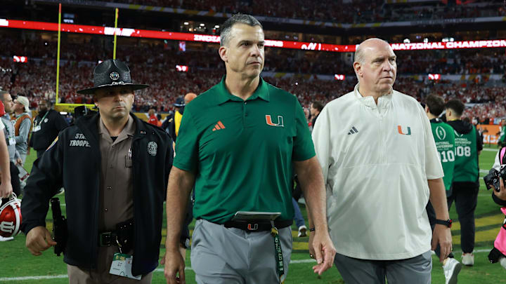 Jan 19, 2026; Miami Gardens, FL, USA; Miami Hurricanes head coach Mario Cristobal reacts after the College Football Playoff National Championship game at Hard Rock Stadium. Mandatory Credit: Mark J. Rebilas-Imagn Images