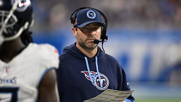 Oct 27, 2024; Detroit, Michigan, USA;  Tennessee Titans head coach Brian Callahan on the sidelines during their game against the Detroit Lions in the fourth quarter at Ford Field. Mandatory Credit: Lon Horwedel-Imagn Images