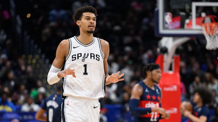 Feb 10, 2025; Washington, District of Columbia, USA; San Antonio Spurs center Victor Wembanyama (1) reacts after making a three point field goal during the first quarter against the Washington Wizards at Capital One Arena. Mandatory Credit: Reggie Hildred-Imagn Images