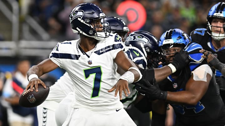 Sep 30, 2024; Detroit, Michigan, USA; Seattle Seahawks quarterback Geno Smith (7) throws a pass against the Detroit Lions in the first quarter at Ford Field. Mandatory Credit: Lon Horwedel-Imagn Images