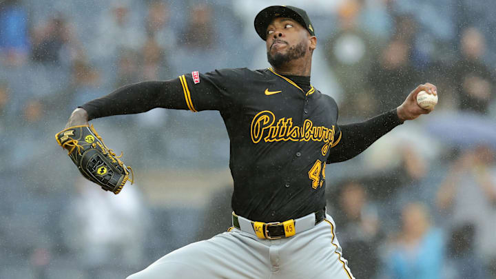 Sep 28, 2024; Bronx, New York, USA; Pittsburgh Pirates relief pitcher Aroldis Chapman (45) pitches against the New York Yankees during the ninth inning at Yankee Stadium. Mandatory Credit: Brad Penner-Imagn Images