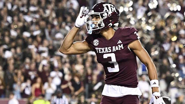 Nov 16, 2024; College Station, Texas, USA; Texas A&M Aggies wide receiver Noah Thomas (3) reacts after scoring a touchdown during the first quarter against the New Mexico State Aggies at Kyle Field. Nov 16, 2024; College Station, Texas, USA; Texas A&M Aggies wide receiver Noah Thomas (3) reacts after scoring a touchdown during the first quarter against the New Mexico State Aggies at Kyle Field.