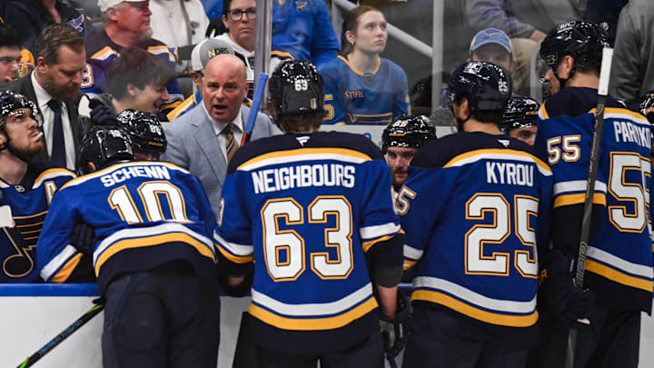 May 2, 2025; St. Louis, Missouri, USA; St. Louis Blues head coach Jim Montgomery speaks with members of the St. Louis Blues during a timeout in game six of the first round of the 2025 Stanley Cup Playoffs against the Winnipeg Jets at Enterprise Center. Mandatory Credit: Connor Hamilton-Imagn Images
