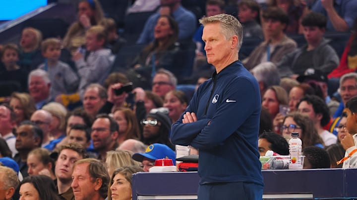 Jan 5, 2025; San Francisco, California, USA; Golden State Warriors head coach Steve Kerr on the sideline during the first quarter against the Sacramento Kings at Chase Center. Mandatory Credit: Kelley L Cox-Imagn Images