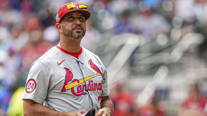Jul 20, 2024; Cumberland, GA, USA; St. Louis Cardinals manager Oliver Marmol (37) on the field during a pitching change against the Atlanta Braves during the seventh inning at Truist Park. Mandatory Credit: Dale Zanine-Imagn Images Jul 20, 2024; Cumberland, GA, USA; St. Louis Cardinals manager Oliver Marmol (37) on the field during a pitching change against the Atlanta Braves during the seventh inning at Truist Park. Mandatory Credit: Dale Zanine-Imagn Images