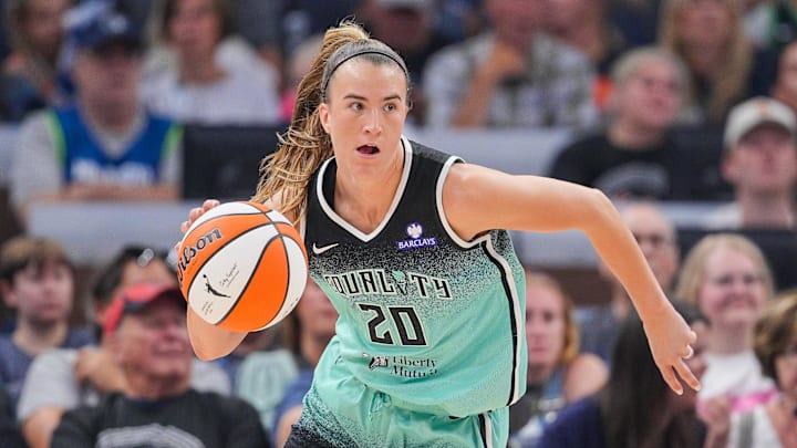 Jul 30, 2025; Minneapolis, Minnesota, USA; New York Liberty guard Sabrina Ionescu (20) dribbles against the Minnesota Lynx in the third quarter at Target Center. Mandatory Credit: Brad Rempel-Imagn Images Jul 30, 2025; Minneapolis, Minnesota, USA; New York Liberty guard Sabrina Ionescu (20) dribbles against the Minnesota Lynx in the third quarter at Target Center. Mandatory Credit: Brad Rempel-Imagn Images