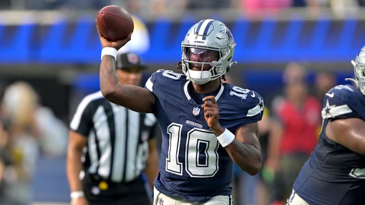 Dallas Cowboys quarterback Joe Milton III throws a pass during the first half against the Los Angeles Rams at SoFi Stadium. 