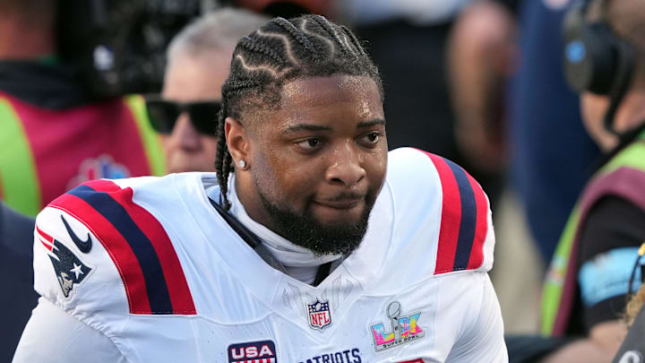 Feb 8, 2026; Santa Clara, CA, USA; New England Patriots linebacker Anfernee Jennings (33) before Super Bowl LX against the Seattle Seahawks at Levi's Stadium. Mandatory Credit: Darren Yamashita-Imagn Images