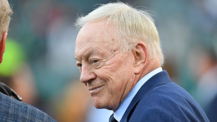 Nov 5, 2023; Philadelphia, Pennsylvania, USA; Dallas Cowboys owner Jerry Jones on the field against the Philadelphia Eagles at Lincoln Financial Field. Mandatory Credit: Eric Hartline-Imagn Images
