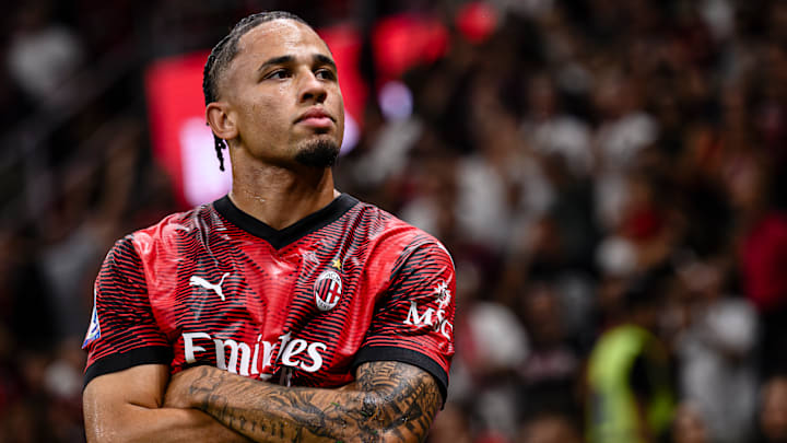 Noah Okafor of AC Milan celebrates after scoring a goal...