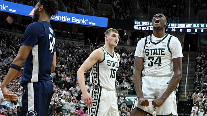 Jan 15, 2025; East Lansing, Michigan, USA;  Michigan State Spartans forward Xavier Booker (34) celebrates a basket and foul against the Penn State Nittany Lions during the second half at Jack Breslin Student Events Center. Mandatory Credit: Dale Young-Imagn Images