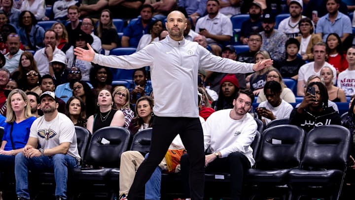 Nov 11, 2024; New Orleans, Louisiana, USA;  Brooklyn Nets head coach Jordi Fernandez reacts to a play against the New Orleans Pelicans during the second half at Smoothie King Center. Mandatory Credit: Stephen Lew-Imagn Images