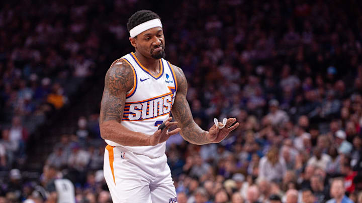 Apr 12, 2024; Sacramento, California, USA; Phoenix Suns guard Bradley Beal (3) reacts to a call during the second quarter at Golden 1 Center.
