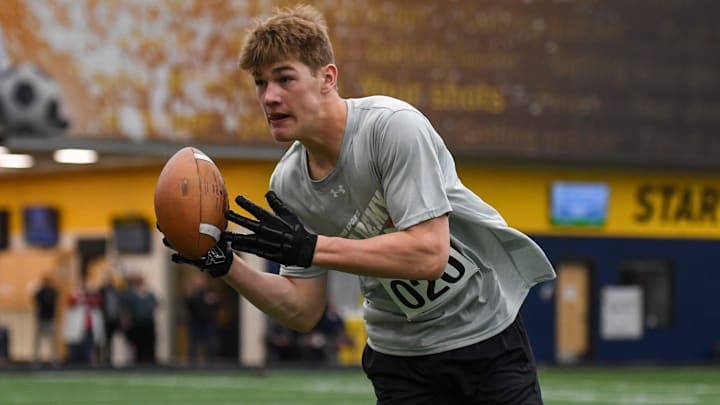 T.F. Riggs High School freshman Cooper Terwilliger performs drills during the 2024 Sanford Sports Football Academy Combine on Friday, April 26, 2024, at Sanford Fieldhouse in Sioux Falls.