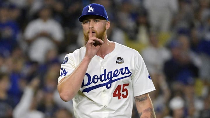 Oct 26, 2024; Los Angeles, California, USA; Los Angeles Dodgers pitcher Michael Kopech (45) reacts in the eighth inning against the New York Yankees during game two of the 2024 MLB World Series at Dodger Stadium. Mandatory Credit: Jayne Kamin-Oncea-Imagn Images Oct 26, 2024; Los Angeles, California, USA; Los Angeles Dodgers pitcher Michael Kopech (45) reacts in the eighth inning against the New York Yankees during game two of the 2024 MLB World Series at Dodger Stadium. Mandatory Credit: Jayne Kamin-Oncea-Imagn Images
