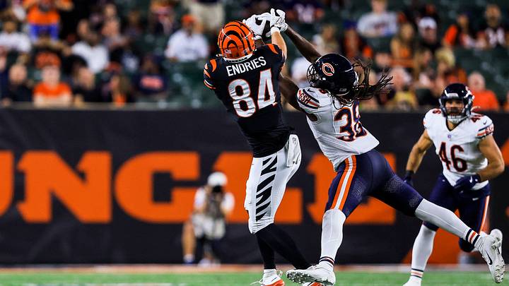 Aug 22, 2026; Cincinnati, Ohio, USA; Chicago Bears safety Skyler Thomas (38) intercepts the ball intended for Cincinnati Bengals tight end Jack Endries (84) in the second half at Paycor Stadium. Mandatory Credit: Katie Stratman-Imagn Images Aug 22, 2026; Cincinnati, Ohio, USA; Chicago Bears safety Skyler Thomas (38) intercepts the ball intended for Cincinnati Bengals tight end Jack Endries (84) in the second half at Paycor Stadium. Mandatory Credit: Katie Stratman-Imagn Images