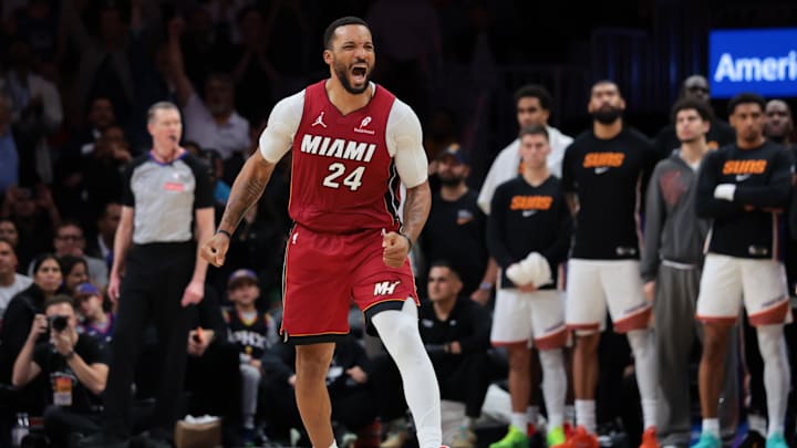 Jan 13, 2026; Miami, Florida, USA; Miami Heat guard Norman Powell (24) reacts after scoring against the Phoenix Suns during the fourth quarter at Kaseya Center. Mandatory Credit: Sam Navarro-Imagn Images Jan 13, 2026; Miami, Florida, USA; Miami Heat guard Norman Powell (24) reacts after scoring against the Phoenix Suns during the fourth quarter at Kaseya Center. Mandatory Credit: Sam Navarro-Imagn Images