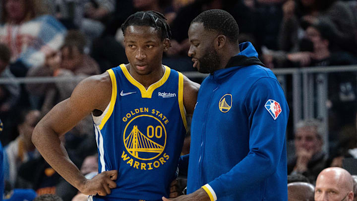 October 30, 2021; San Francisco, California, USA; Golden State Warriors forward Jonathan Kuminga (00) listens to forward Draymond Green (23) during the fourth quarter against the Oklahoma City Thunder at Chase Center. Mandatory Credit: Kyle Terada-Imagn Images October 30, 2021; San Francisco, California, USA; Golden State Warriors forward Jonathan Kuminga (00) listens to forward Draymond Green (23) during the fourth quarter against the Oklahoma City Thunder at Chase Center. Mandatory Credit: Kyle Terada-Imagn Images