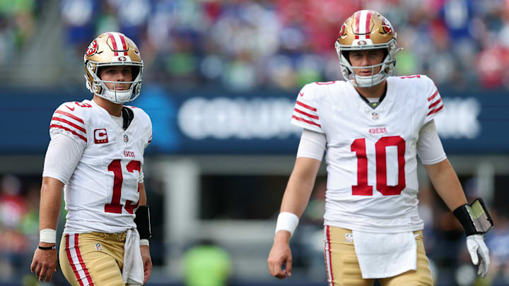 San Francisco 49ers quarterbacks Brock Purdy and Mac Jones San Francisco 49ers quarterbacks Brock Purdy and Mac Jones