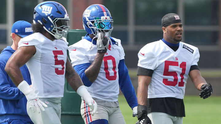 East Rutherford, NJ -- June 5, 2025 -- Linebackers, , Kayvon Thibodeaux, Brian Burns and Abdul Carter as the New York Giants players participate in their 2025 OTAÕs at the Quest Diagnostic Giants Training Center in East Rutherford.