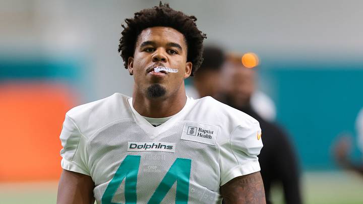 Miami Dolphins linebacker Chop Robinson (44) looks on during practice at the Baptist Health Training Complex. Miami Dolphins linebacker Chop Robinson (44) looks on during practice at the Baptist Health Training Complex.