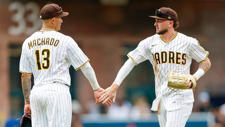Sep 9, 2026; San Diego, California, USA; San Diego Padres center fielder Jackson Merrill (3) celebrates with third baseman Manny Machado (13) after defeating the Washington Nationals at Petco Park. Mandatory Credit: David Frerker-Imagn Images Sep 9, 2026; San Diego, California, USA; San Diego Padres center fielder Jackson Merrill (3) celebrates with third baseman Manny Machado (13) after defeating the Washington Nationals at Petco Park. Mandatory Credit: David Frerker-Imagn Images