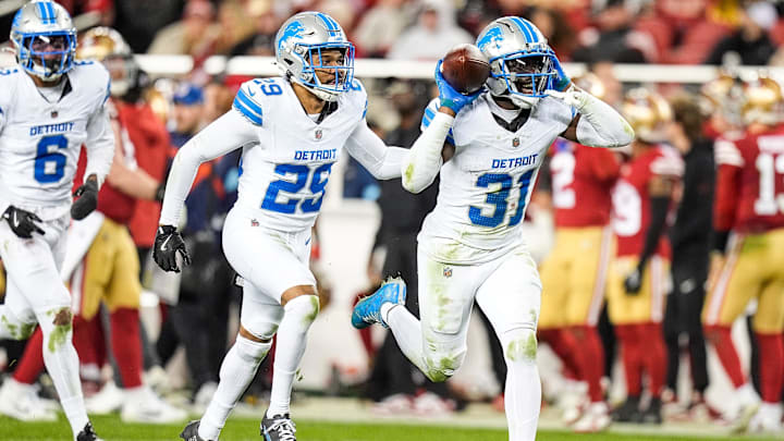 Detroit Lions safety Kerby Joseph (31) celebrates an interception (his second of the game) against San Francisco 49ers during the second half at Levi's Stadium in Santa Clara, Calif. on Monday, Dec. 30, 2024.