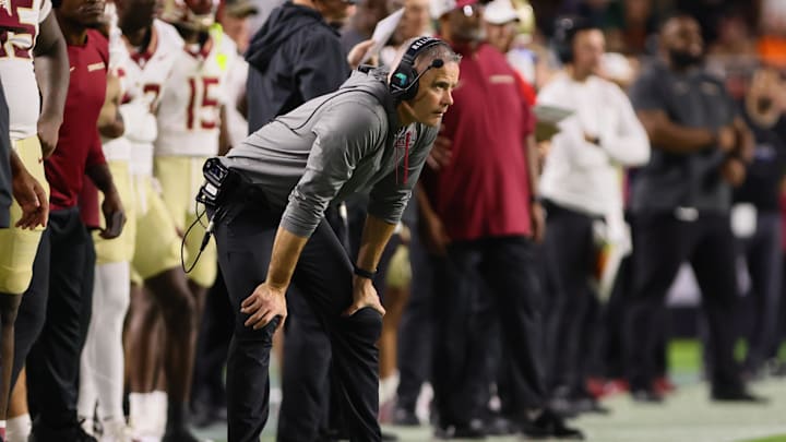 Oct 26, 2024; Miami Gardens, Florida, USA; Florida State Seminoles head coach Mike Norvell watches from the sideline against the Miami Hurricanes during the second quarter at Hard Rock Stadium. Mandatory Credit: Sam Navarro-Imagn Images
