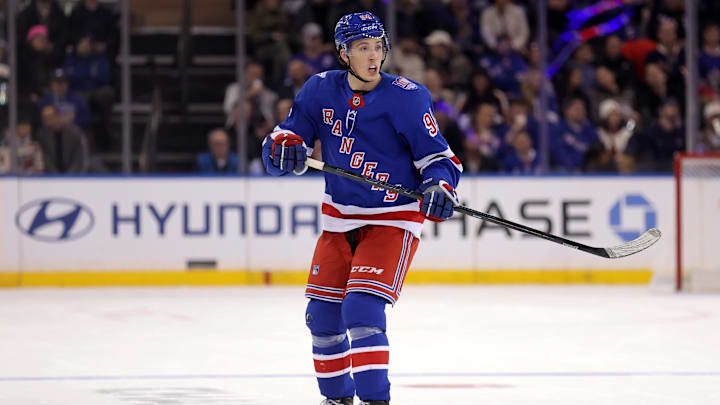 Nov 10, 2025; New York, New York, USA; New York Rangers right wing Gabe Perreault (94) skates against the Nashville Predators during the first period at Madison Square Garden. Mandatory Credit: Brad Penner-Imagn Images Nov 10, 2025; New York, New York, USA; New York Rangers right wing Gabe Perreault (94) skates against the Nashville Predators during the first period at Madison Square Garden. Mandatory Credit: Brad Penner-Imagn Images