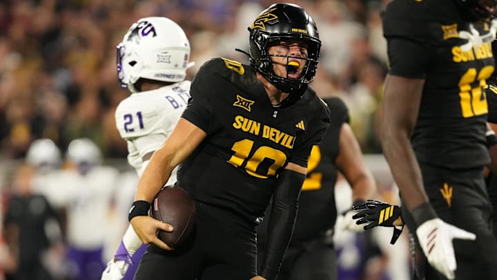 Sep 26, 2025; Tempe, Arizona, USA; Arizona State Sun Devils quarterback Sam Leavitt (10) reacts after run against TCU Horned Frogs in the first half at Mountain America Stadium, Home of the ASU Sun Devils. Mandatory Credit: Jacob Reiner-Imagn Images Sep 26, 2025; Tempe, Arizona, USA; Arizona State Sun Devils quarterback Sam Leavitt (10) reacts after run against TCU Horned Frogs in the first half at Mountain America Stadium, Home of the ASU Sun Devils. Mandatory Credit: Jacob Reiner-Imagn Images