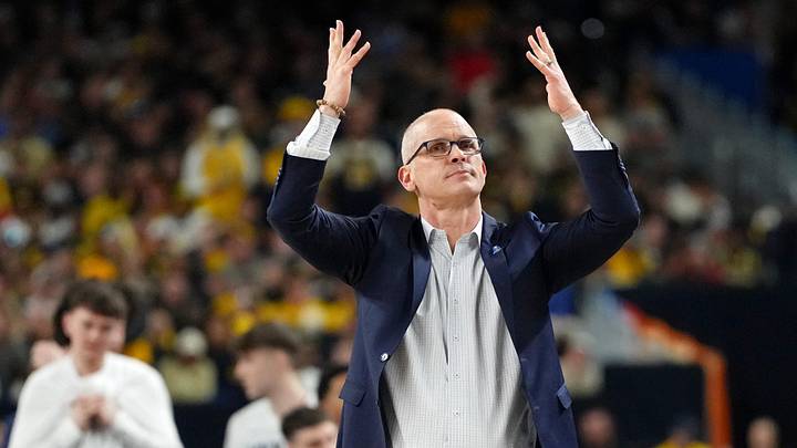 Apr 6, 2026; Indianapolis, IN, USA; UConn Huskies head coach Dan Hurley reacts after a play against the Michigan Wolverines during the second half in the national championship of the Final Four of the men's 2026 NCAA Tournament between the and the Michigan Wolverines at Lucas Oil Stadium. Mandatory Credit: Bob Donnan-Imagn Images Apr 6, 2026; Indianapolis, IN, USA; UConn Huskies head coach Dan Hurley reacts after a play against the Michigan Wolverines during the second half in the national championship of the Final Four of the men's 2026 NCAA Tournament between the and the Michigan Wolverines at Lucas Oil Stadium. Mandatory Credit: Bob Donnan-Imagn Images