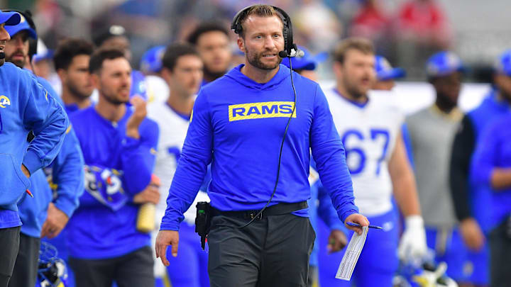 Sep 22, 2024; Inglewood, California, USA; Los Angeles Rams head coach Sean McVay watches game action against the San Francisco 49ers during the second half at SoFi Stadium. Mandatory Credit: Gary A. Vasquez-Imagn Images