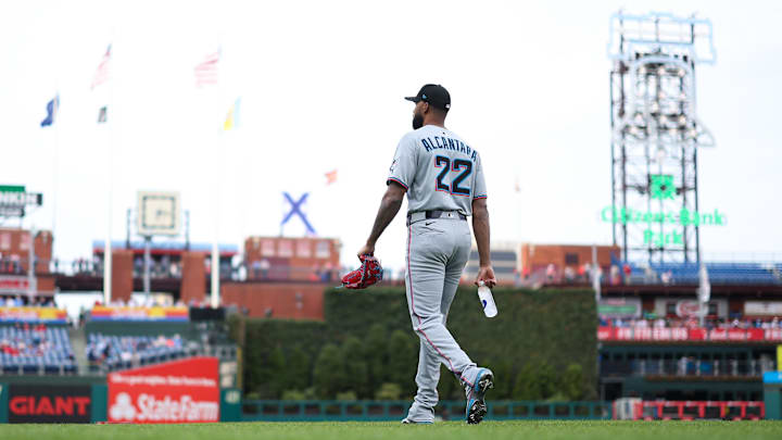 Apr 18, 2025; Philadelphia, Pennsylvania, USA; Miami Marlins pitcher Sandy Alcantara (22) takes the field before a game against the Philadelphia Phillies at Citizens Bank Park. Mandatory Credit: Bill Streicher-Imagn Images