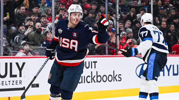 Team USA forward Matthew Tkachuk celebrates his goal against Team Finland.