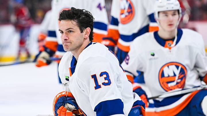 Mar 21, 2026; Montreal, Quebec, CAN; New York Islanders center Mathew Barzal (13) looks on during warm-up before the game against the Montreal Canadiens at Bell Centre. Mandatory Credit: David Kirouac-Imagn Images