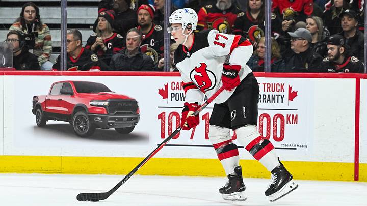 Jan 31, 2026; Ottawa, Ontario, CAN; New Jersey Devils defenseman Simon Nemec (17) plays the puck against the Ottawa Senators during the third period at Canadian Tire Centre. Mandatory Credit: David Kirouac-Imagn Images Jan 31, 2026; Ottawa, Ontario, CAN; New Jersey Devils defenseman Simon Nemec (17) plays the puck against the Ottawa Senators during the third period at Canadian Tire Centre. Mandatory Credit: David Kirouac-Imagn Images