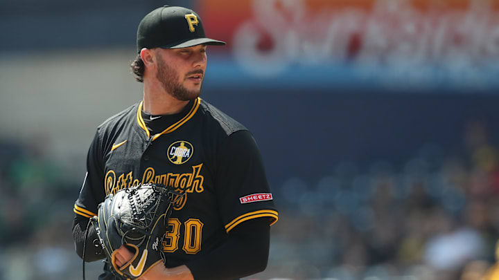 Aug 24, 2025; Pittsburgh, Pennsylvania, USA;  Pittsburgh Pirates starting pitcher Paul Skenes (30) pitches against the Colorado Rockies during the second inning at PNC Park. Mandatory Credit: Charles LeClaire-Imagn Images