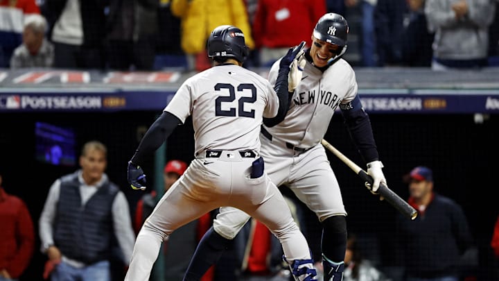 Oct 19, 2024; Cleveland, Ohio, USA; New York Yankees outfielder Juan Soto (22) celebrates with outfielder Aaron Judge (99) after hitting a three run home run during the tenth inning against the Cleveland Guardians during game five of the ALCS for the 2024 MLB playoffs at Progressive Field. Oct 19, 2024; Cleveland, Ohio, USA; New York Yankees outfielder Juan Soto (22) celebrates with outfielder Aaron Judge (99) after hitting a three run home run during the tenth inning against the Cleveland Guardians during game five of the ALCS for the 2024 MLB playoffs at Progressive Field.
