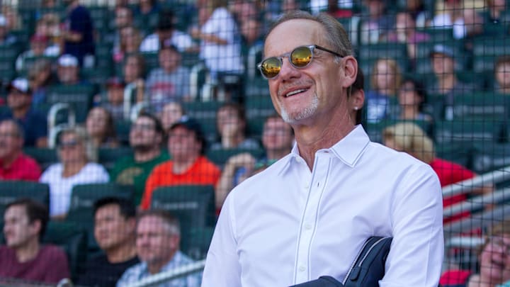 Jul 22, 2017; Minneapolis, MN, USA; Minnesota Twins owner Jim Pohlad watches a 30th anniversary celebration for the 1987 World Series Champion team prior to the game with the Detroit Tigers at Target Field. Jul 22, 2017; Minneapolis, MN, USA; Minnesota Twins owner Jim Pohlad watches a 30th anniversary celebration for the 1987 World Series Champion team prior to the game with the Detroit Tigers at Target Field.