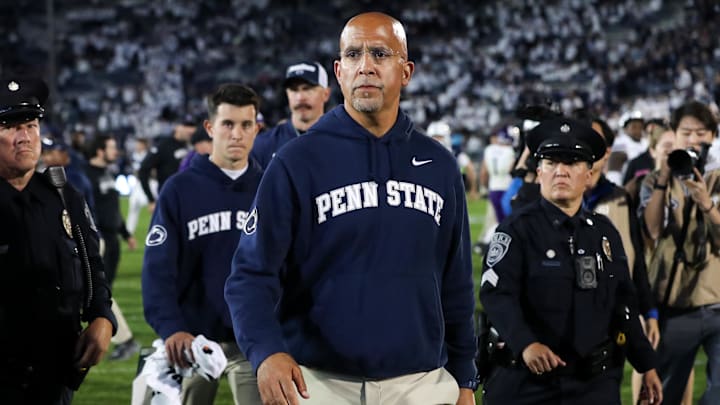 Oct 11, 2025; University Park, Pennsylvania, USA; Penn State Nittany Lions head coach James Franklin walks off the field following the game against the Northwestern Wildcats at Beaver Stadium. Mandatory Credit: Matthew O'Haren-Imagn Images