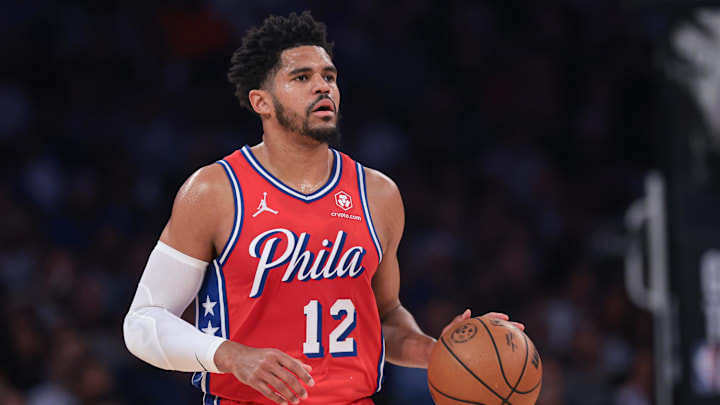 Apr 22, 2024; New York, New York, USA;  Philadelphia 76ers forward Tobias Harris (12) dribbles up