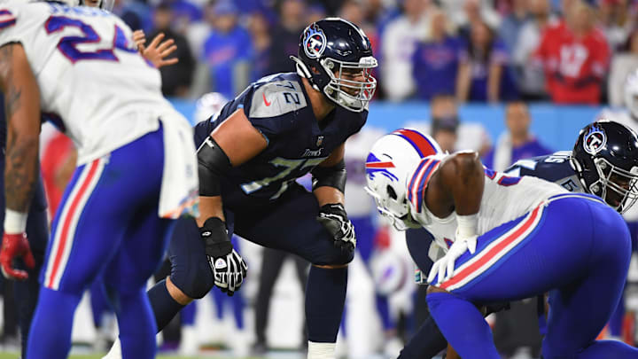 Oct 18, 2021; Nashville, Tennessee, USA; Tennessee Titans offensive tackle David Quessenberry (72) lines up against the Buffalo Bills at Nissan Stadium. Mandatory Credit: Christopher Hanewinckel-Imagn Images