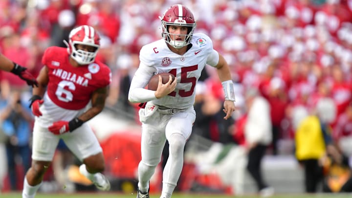 Jan 1, 2026; Pasadena, CA, USA; Alabama Crimson Tide quarterback Ty Simpson (15) runs against the Indiana Hoosiers in the first half of the 2026 Rose Bowl and quarterfinal game of the College Football Playoff at Rose Bowl Stadium. Mandatory Credit: Gary A. Vasquez-Imagn Images