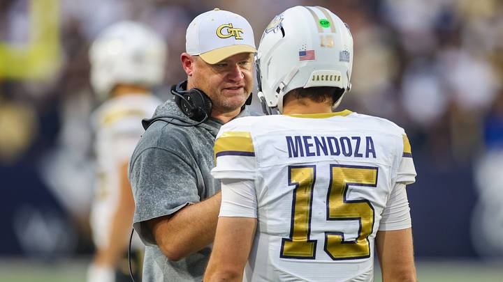 Oct 10, 2026; Atlanta, Georgia, USA; Georgia Tech Yellow Jackets head coach Brent Key talks to quarterback Alberto Mendoza (15) against the Duke Blue Devils in the fourth quarter at Bobby Dodd Stadium at Hyundai Field. Mandatory Credit: Brett Davis-Imagn Images Oct 10, 2026; Atlanta, Georgia, USA; Georgia Tech Yellow Jackets head coach Brent Key talks to quarterback Alberto Mendoza (15) against the Duke Blue Devils in the fourth quarter at Bobby Dodd Stadium at Hyundai Field. Mandatory Credit: Brett Davis-Imagn Images
