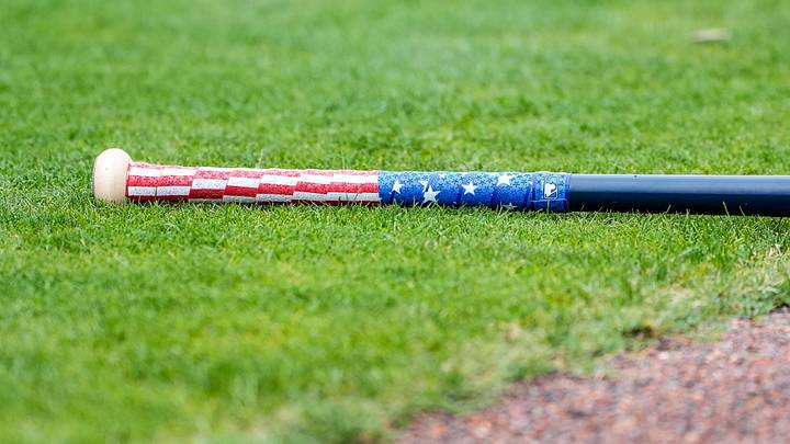 A baseball bat wrapped with American flag tape during Detroit Tigers spring training at Joker Marchant Stadium in Lakeland, Fla. on Thursday, Feb. 20, 2025.