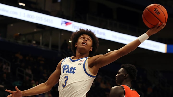Dec 21, 2024; Pittsburgh, Pennsylvania, USA;  Pittsburgh Panthers guard Brandin Cummings (3) shoots against the Sam Houston State Bearkats during the second half at the Petersen Events Center. Mandatory Credit: Charles LeClaire-Imagn Images